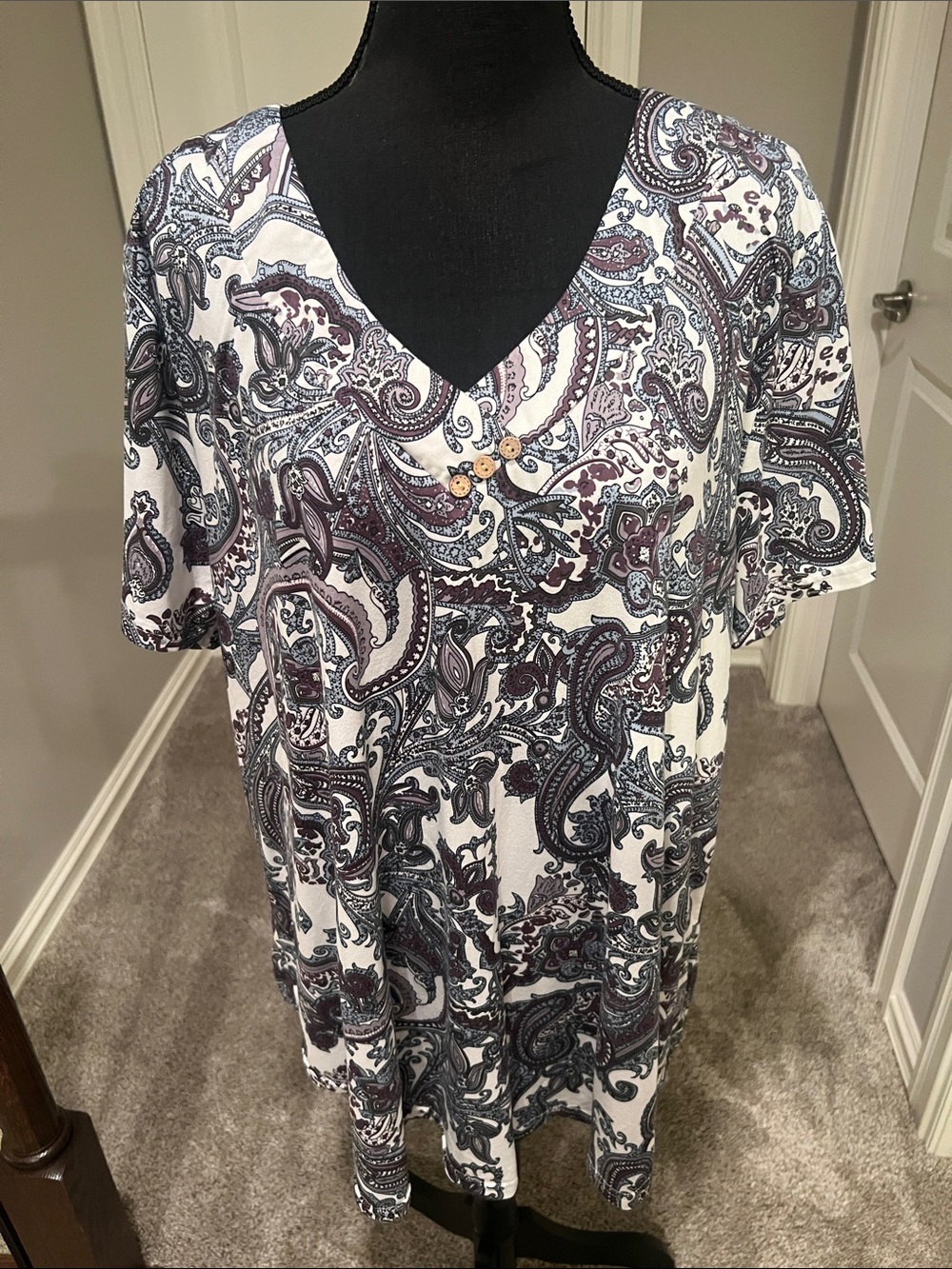 Paisley V-Neck Short Sleeve Tunic - White with Navy & Plum Accents